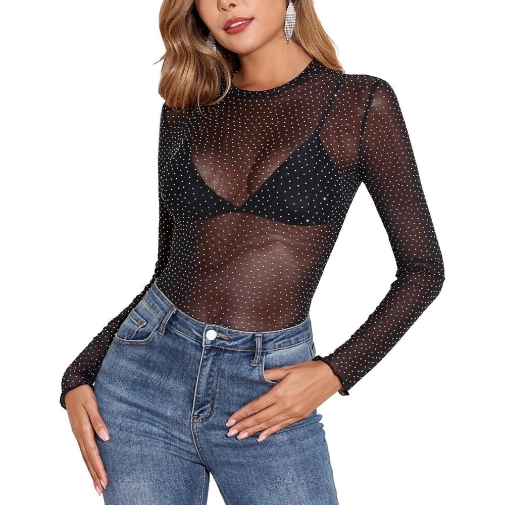 Women’s Mesh Top Long Sleeve Sheer Shiny Fabric Semi-Sheer Casual Stylish